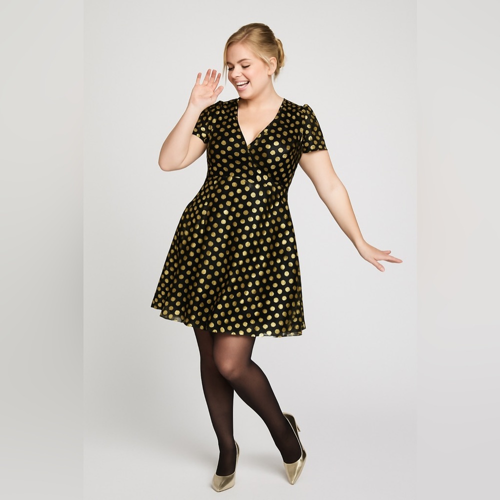 Torrid Black Polkadot Gold Flutter Sleeve Mini Dress, Large, NWT! - Picture 12 of 16